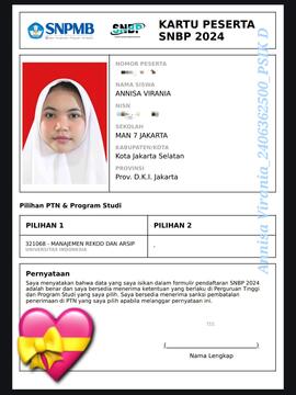 Kartu Peserta Seleksi Nasional Berdasarkan Prestasi (SNBP) Annisa Virania