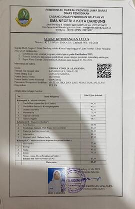 Surat Keterangan Lulus Sekolah Menengah Atas Negeri 3 Bandung a.n. Geisha Vinolia Alamanda