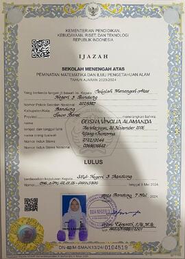 Ijazah Sekolah Menengah Atas Negeri 3 Bandung a.n. Geisha Vinolia Alamanda