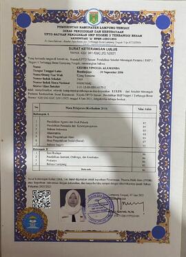 Surat Keterangan Lulus Sekolah Menengah Pertama Negeri 3 Terbanggi Besar a.n. Geisha Vinolia Alamanda