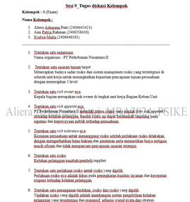 Tugas Kelompok 6 Mata Kuliah Manajemen Risiko Pertemuan Ke-9 Semester 3