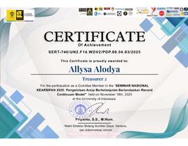 Sertifikat Penghargaan Bendahara 2 Seminar Nasional Kearsipan 2025
