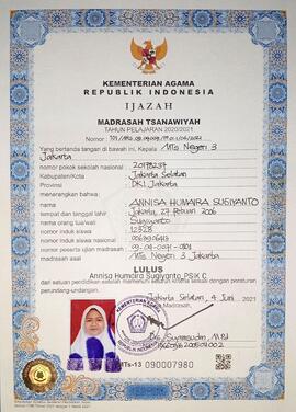Ijazah Madrasah Tsanawiyah Negeri 3 Jakarta No. 101/MTS.09.04.0071/PP.01.1/06/2021 atas nama Annisa Humaira Sugiyanto