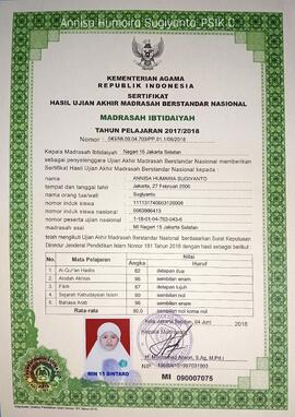 Sertifikat Hasil Ujian Akhir Madrasah Berstandar Nasional Madrasah Ibtidaiyah Negeri 15 Jakarta Selatan atas nama Annisa Humaira Sugiyanto
