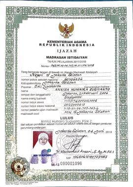 Ijazah Madrasah Ibtidaiyah Negeri 15 Jakarta Selatan No. 043/Mi.09.04.703/PP.01.1/06/2018 atas nama Annisa Humaira Sugiyanto