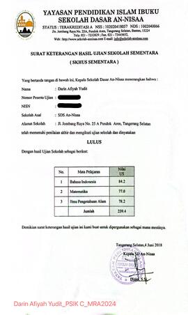 Surat Keterangan Hasil Ujian Sekolah Sementara