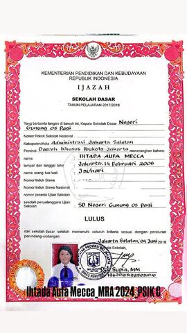 Ijazah Sekolah Dasar (SD) atas nama Ihtada Aufa Mecca