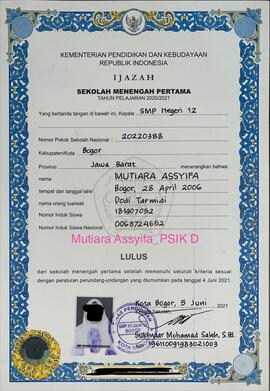 Ijazah Sekolah Menengah Pertama (SMP) atas nama Mutiara Assyifa
