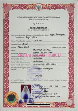 Ijazah Sekolah Dasar (SD) atas nama Mutiara Assyifa