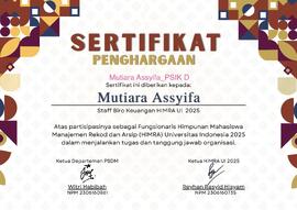 Sertifikat Fungsionaris Himpunan Mahasiswa Manajemen Rekod dan Arsip (HIMRA) UI 2025 sebagai Staff Biro Keuangan