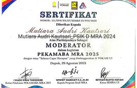 Sertifikat atas Partisipasi sebagai Moderator dalam Kegiatan PEKAMABA MRA 2025 yang diselenggarakan oleh Himpunan Mahasiswa Manajemen Rekod dan Arsip tahun 2025 atas nama Mutiara Audri Kautsari