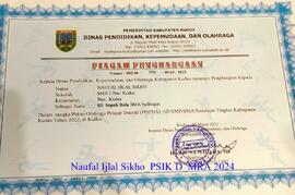 Foto Sertifikat Penghargaan Juara III Sepakbola Putra