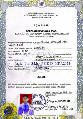 Foto Ijazah Sekolah Menengah Atas
