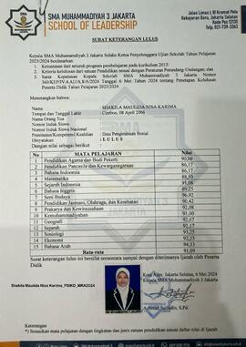 Surat Keterangan Lulus SMA Shakila Maulida Nisa Karima