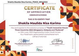 Certificate of Appreciation on Youth Innovation Forum Three Countries 2022